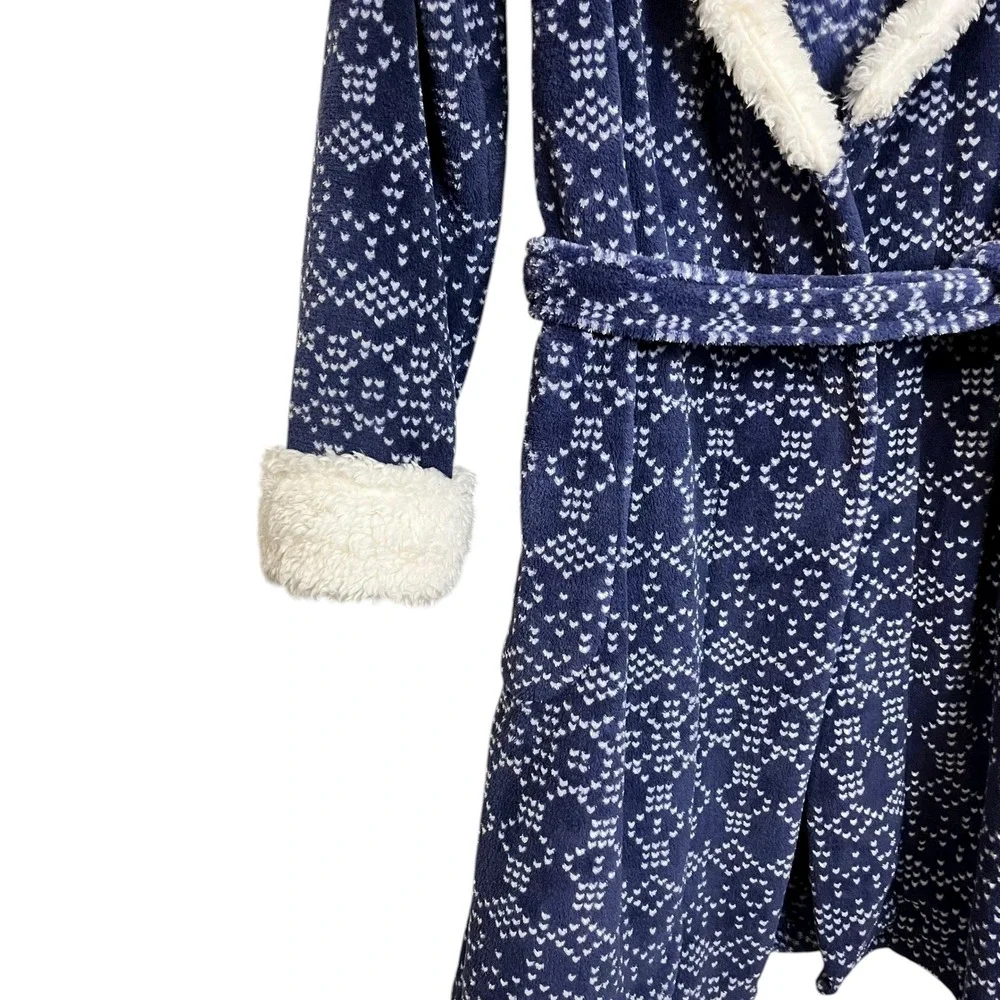 ULTA Cozy Plush Fair Isle Pattern Robe‎ Shawl Collar Belted Blue S/M
